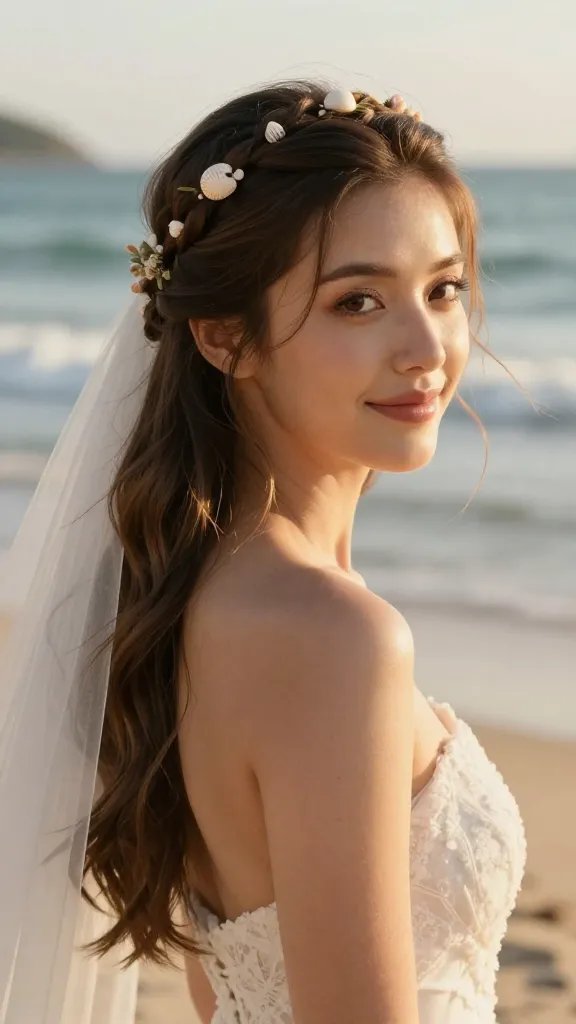 A high-resolution, photorealistic portrait of a bride with long hair styled in a crown braid that sits gently on the head with a soft, loose weave, allowing loose downward waves to cascade just below the crown. The braids form a delicate halo around the crown of her head, with small florals and tiny shell pins tucked intermittently along the braid for a beachy, romantic touch. The hair should be slightly loose at the crown to create a soft, timeless silhouette that photographs beautifully in warm beach light. The bride is outdoors on a sunlit shoreline, wearing a light, airy wedding veil that drapes softly from the back of the crown. The overall look is classic romance with a modern twist, emphasizing natural makeup, a serene, smiling expression, and a gentle sea breeze causing a few wisps of hair to drift. The background features softly blurred ocean waves, golden hour tones, and a calm, coastal ambiance to enhance the beach wedding aesthetic. No text on the image.