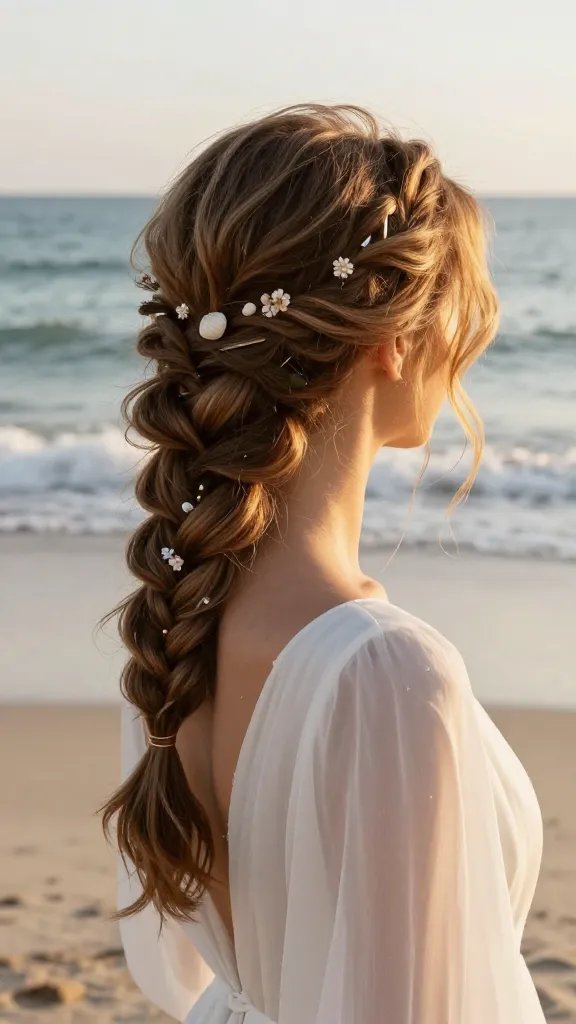 A high-resolution, naturalistic photo of a bride with long, sun-kissed hair styled in a textured side bun with tiny braids, positioned at a beach during golden hour. The side bun is elegantly tousled yet polished, with delicate, micro-braids threaded subtly along the side, and small florals and tiny shells pinned discreetly for a coastal embellishment. Matte-finish hairpins are visible, holding the bun securely, with a light, unobtrusive hairspray haze for lasting hold. The ocean backdrop glows softly in the distance, waves gently lapping the shore, while the bride wears aFlowy, ethereal wedding dress that complements the beachy vibe. The overall mood is chic, timeless, and beach-ready, emphasizing a polished finish that endures into a long evening. No text on the image.