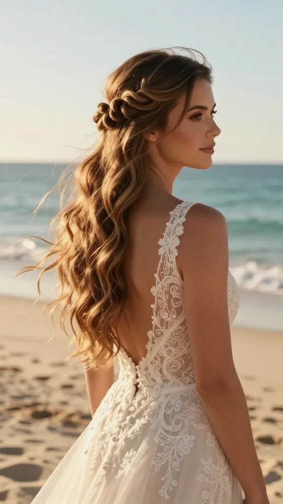 Create a high-resolution, photorealistic image of a bride with long, flowing hair styled in a Bohemian Ringlet Roll With Whisper Waves for a beach wedding. The main subject should be a radiant bride standing on a sunlit beach at golden hour, wearing a delicate, ivory wedding gown with soft lace and subtle beading. Hair: elegant sculpted ringlet rolls pinned against the scalp on the crown and sides, with the ends left free to form romantic, natural waves that cascade down the back. Add a light, airy texturizing powder look to create gentle volume and a slightly windswept finish. The scene includes soft, natural beach elements: pale sand, calm turquoise ocean, and a clear sky with warm, diffused sunlight. The bride&rsquo;s makeup is fresh and luminous with a natural glow, and minimal jewelry. The overall mood is a seamless blend of old-school glam and laid-back beach energy, suitable for a ceremony transitioning from sand to reception. No text on the image.