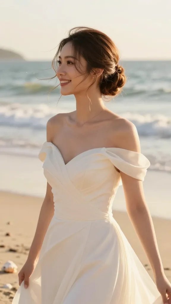 A high-resolution, hyper-realistic photo of a smiling bride on a sunlit beach at golden hour, wearing a flowing ivory wedding dress with a soft, off-shoulder neckline. Her long hair is styled in a water-soft updo with loose tendrils around her ears, gently framing her face. The hairstyle appears elegant yet effortless, with a flexible-hold finish that still feels secure as she moves and dances by the shoreline. Delicate tendrils frame her face, some strands lightly brushing her cheeks, and a few wisps tease the sea breeze. The scene includes pastel-toned seashells and soft waves in the background, a subtle spray of salt in the air, and a light, natural makeup look that enhances her glow. The overall mood is relaxed, romantic, and timeless, emphasizing a reliable updo perfect for long hair. No text on the image.