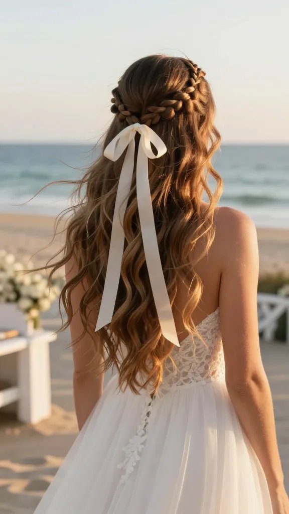 Create a high-resolution, realistic photo of a bride with long, sun-kissed hair styled in a double braided halo with a ribbon tail. From each temple, two delicate small braids arc along the hairline and meet at the back to form a floating halo, with an airy ribbon tail woven through the braids and trailing softly. The bride stands outdoors at a coastal wedding venue during golden hour, with gentle sea breeze causing the loose ends of the ribbon and hair to flutter. The look combines playful whimsy with polished elegance: natural, softly tousled waves, subtle luminous makeup, and a light, flowing wedding dress. The background features a sandy beach, ocean horizon, and hints of whitewashed coastal decor. The lighting is warm and flattering, capturing a magical, photo-ready moment without any text visible.