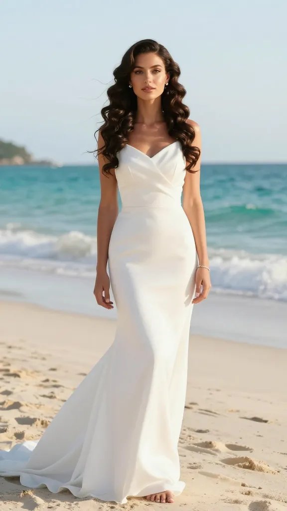A high-resolution, realistic photo of a radiant bride standing barefoot on a sunlit beach at golden hour, wearing a flowing white bridal gown with a simple silhouette. She has long, glossy spiral curls created with a curling iron, styled in a classic Hollywood waves pattern, with a clean, centered part that elongates her face. Soft, natural makeup with a dewy glow and minimal jewelry &mdash; small pearl earrings and a delicate bracelet. She gazes softly toward the horizon, a gentle breeze lightly lifting her hair and dress, a light hold spray giving subtle frizz control and a polished finish. The backdrop features turquoise ocean, pale sand, and a clear sky, capturing a timeless, beachy elegance. (No text on image)