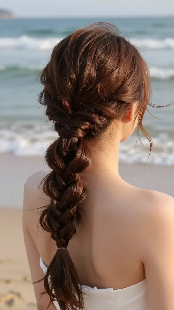 A high-resolution, candid-style portrait of a bride with long hair styled in a low knotted pony with a side braid: the pony gathered low at the nape of the neck, tied with a delicate knot in the middle, and a loose, voluminous side braid starting from the opposite temple and draping over one shoulder. Some face-framing wisps are gently loosened for a relaxed, effortless finish. The setting is a sunlit beach at golden hour, with soft waves in the background and warm, natural lighting enhancing the bride&rsquo;s radiant makeup and minimal jewelry. The hairstyle should look secure yet breezy, suitable for a summer celebration, and the overall mood should convey playful chic and easy glam. The main subject is the woman described in the article title, photographed in a realistic, high-quality, studio-like beach environment, with no text on the image.