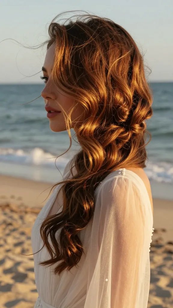A high-resolution, cinematic photo of a radiant bride with long, sun-kissed hair on a sandy beach at golden hour, styled in a faux bob with coastal waves. The hair is rolled up at the nape to simulate a chic bob length, with several waves wrapped around the jawline for soft definition and a few longer, loose strands framing the face for movement. The bride wears a light, airy wedding dress that complements the vintage, beachy vibe, with subtle pearl accessories catching the warm light. The ocean in the background glistens softly, gentle breeze creating natural texture in the hair, and the overall mood is timelessly elegant with a modern coastal twist. No text on the image.