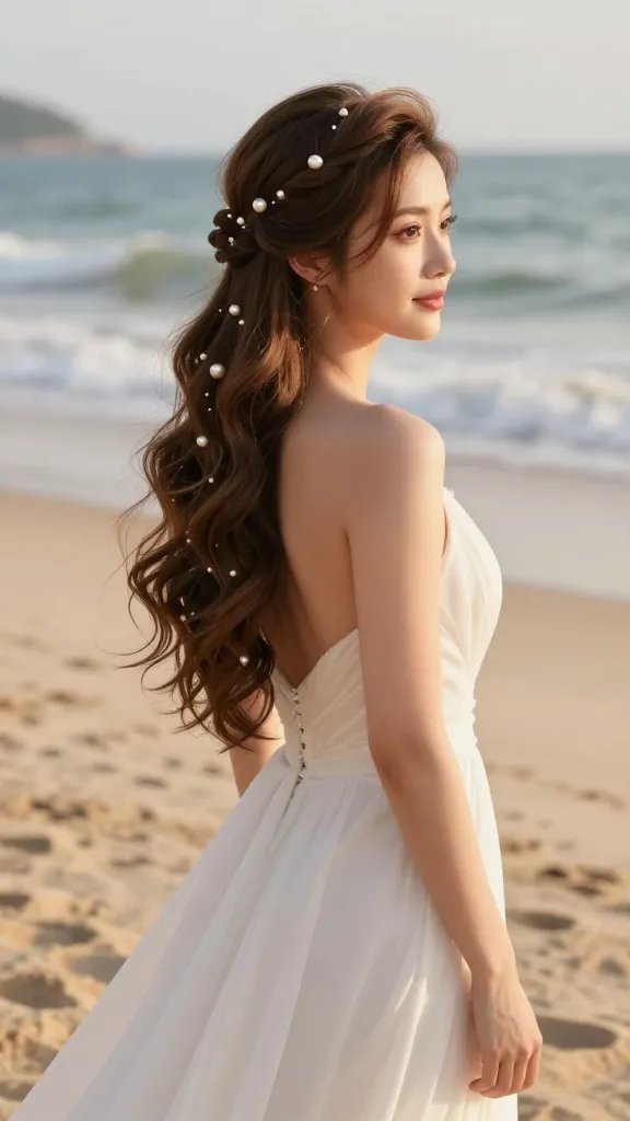 A high-resolution, ultra-realistic wedding portrait of a bride with long hair styled in a half-up mermaid twist, featuring delicate pearl pins nestled along the twists. The hairstyle should have soft, romantic waves cascading down, with the mermaid twists adding subtle depth and dimension. The bride is wearing a light, airy beach wedding gown with a flowing train and a subtle barefoot look standing on sunlit sand near the shoreline, gentle waves in the background, a warm golden hour glow, and a serene, whimsical vibe. Accessories include small pearl pins integrated into the twists, a discreet hair elastic matching the hair color, and a light mist of strong-hold spray giving the style lasting hold without visible product residue. The overall scene conveys a sunny day, gentle romantic charm, and beachside elegance, with natural makeup, soft pink lips, and a calm, confident pose. Ensure realistic skin tones, detailed textures in hair and pearls, and natural beach lighting. No text on the image.