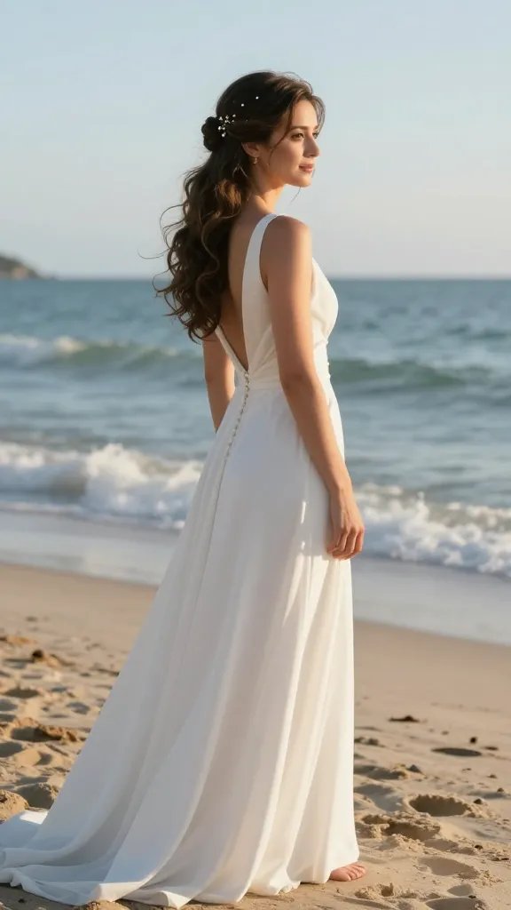 A high-resolution, natural-lit portrait of a bride with long hair on a sunlit beach at golden hour, wearing a delicate white wedding dress with a soft, flowing silhouette. The hairstyle is a classic chignon at the nape, with sea salt texture for a relaxed yet polished look. Loose curls frame the face for soft lines, and decorative pins securely hold the chignon, adding subtle sparkle. The scene conveys a sophisticated, timeless vibe that breathes on the sand: gentle sea breeze, pale blue sky, gentle waves in the background, and a serene, confident expression on the bride as she stands barefoot near the shoreline.