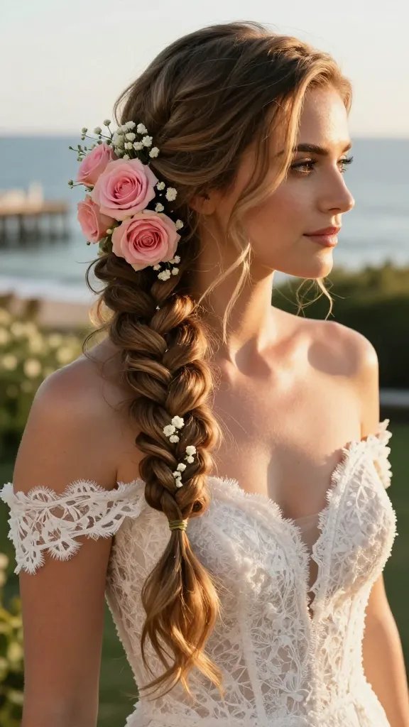 A high-resolution, cinematic portrait of a bride with long, softly wavy hair styled in a side-swept braid that falls over one shoulder, featuring a single, prominent floral accent woven into the braid. The floral focal point should be fresh-looking pink garden roses and delicate white baby&rsquo;s breath, with greenery for a touch of whimsy. The lighting is warm, golden-hour sunlight casting gentle highlights and soft shadows, enhancing the texture of the braid and the petals. The background shows a coastal garden setting with a hint of a pier and the ocean in the distance, softly blurred (bokeh) to keep the bride as the clear focal point. The bride wears a delicate, lace wedding gown with off-shoulder or illusion neckline, minimal jewelry, and a calm, romantic expression. Ensure the braid has balanced volume so the flower remains the centerpiece, with natural-looking flyaways and a polished finish. No text or branding in the image. Realistic, ultra-detailed, 8K quality, depth of field that isolates the subject from a softly lit coastal backdrop.