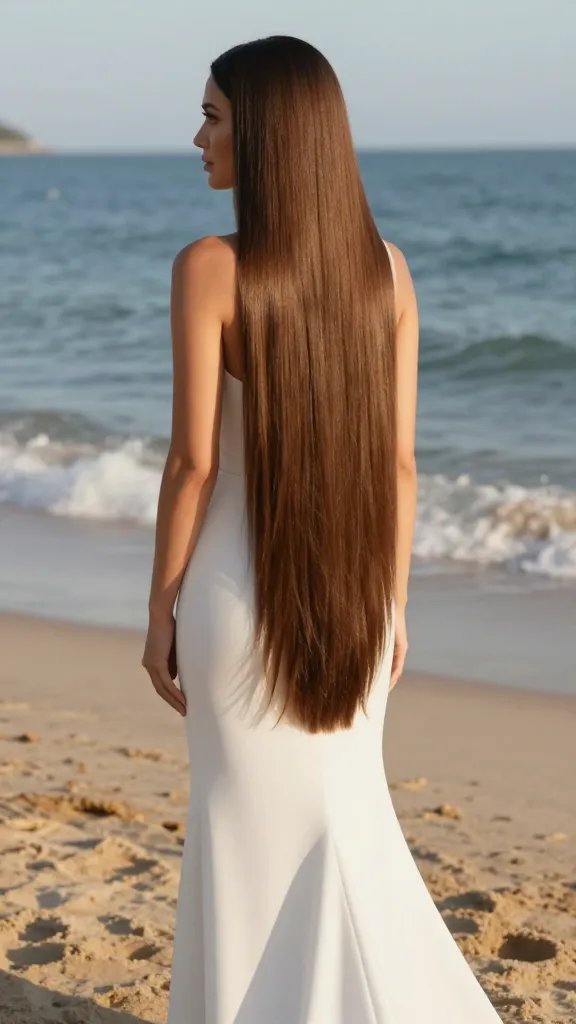 A high-resolution, realistic photo of a bride at a sunlit beach wedding, showcasing Sleek Straight Locks: long, glossy hair straightened to a smooth, polished finish with a subtle, natural shine. The hair should be perfectly straight from roots to ends, catching bright sunlight to highlight its sleek texture. The bride stands barefoot in light sand near the shoreline, wearing a minimalist, elegant wedding dress with clean lines and subtle neckline, and a simple veil that rests gently behind. The scene features warm golden-hour lighting, soft blue ocean in the background, and gentle waves. The bride&rsquo;s makeup is radiant and natural, and she wears minimal jewelry to emphasize the bold, fashion-forward look. No text on image.