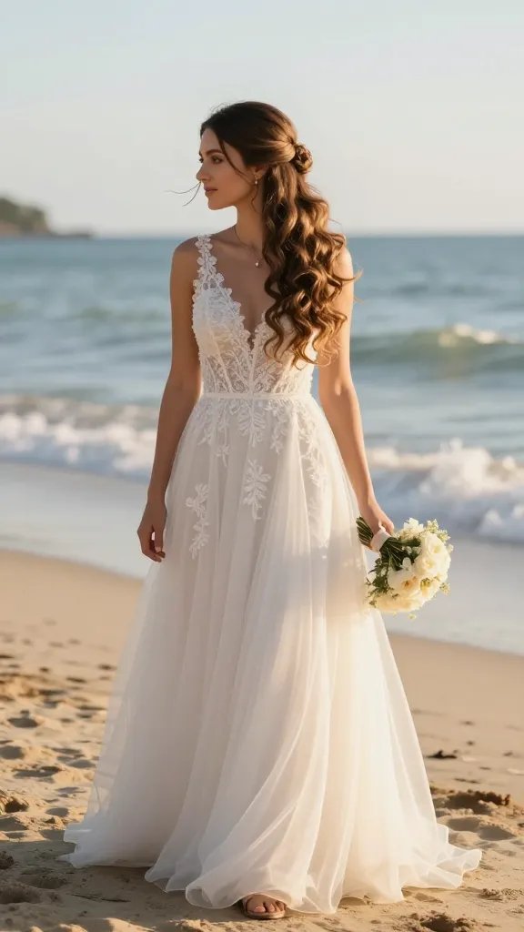 A realistic, high-resolution photo of a radiant bride on a sunlit beach, wearing a flowing, light-weight wedding dress with delicate lace and soft fabric movement. She has long hair styled in a demi-up with textured ends: a compact half-up section pinned at the back, leaving the lower half and ends loosely curled for natural movement. The hair texture shows subtle waves with defined curls at the ends, catching the golden hour light. The scene captures a serene shoreline with gentle waves, warm sand, and a hint of blue sky, creating a dreamy, romance-filled atmosphere. The bride stands barefoot or in minimal sand-friendly footwear, exuding effortless elegance suitable for transition from ceremony to reception, with soft makeup, a delicate necklace or earrings, and a subtle bouquet placed to the side, ensuring the hairstyle remains the focal point. No text on the image.
