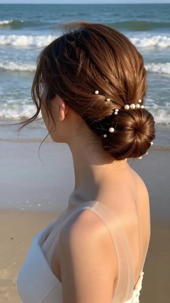 A high-resolution, candid-style portrait of a bride with a glossy low side bun draped to one side, standing on a sunlit beach with soft waves in the background. The bun sits neatly at the nape, with a few face-framing strands left loose for softness. A delicate line of small, luminous pearls is pinned along the bun, creating a subtle shimmer against the sun-kissed hair. The bride&rsquo;s skin glows naturally, wearing light, beach-appropriate makeup and a sheer, breathable wedding dress or cover-up that complements the relaxed yet refined vibe. The scene captures a timeless, elegant mood with the sea breeze gently lifting a few wisps of hair, ensuring the hairstyle remains intact. No text, realism, 50-50 natural light and Golden Hour glow, ultra-detailed textures for hair, pearls, and skin, 8k quality. The image should clearly present the main subject from the article title: a stylish bride with a low side bun adorned with pearls.