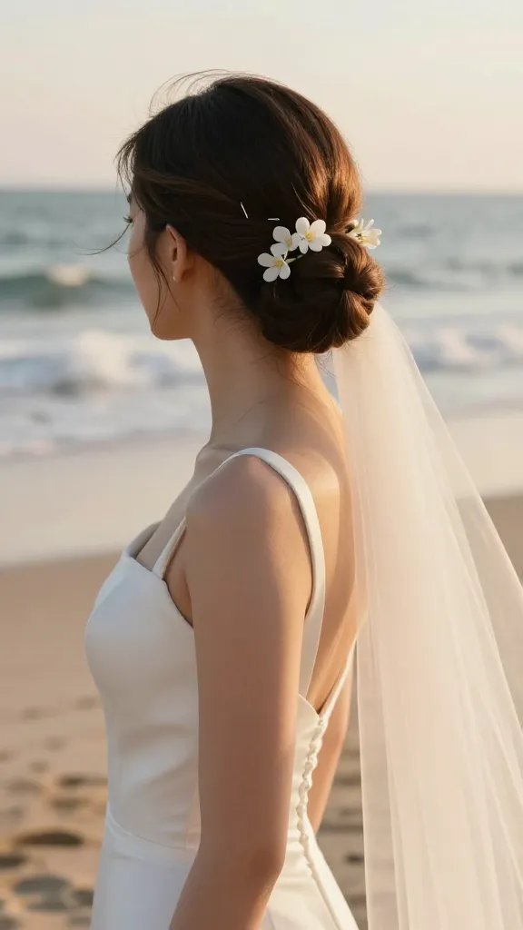 A pristine, high-resolution bridal portrait featuring a bride with a classic chignon, viewed from the side in a sunlit beach wedding setting. The hairstyle is a smooth, low bun at the nape with a few delicate, pinned sections subtly secured with a slim metallic hairpin and a tiny cluster of white flowers tucked just off-center, catching a gentle ocean breeze. The bride wears a minimalist, elegant wedding gown with clean lines, thin straps, and a soft silk veil that drapes behind her. The background shows a serene shoreline with soft waves, golden hour lighting, and a hint of wind threading through her veil, conveying a polished, timeless, and beach-appropriate aesthetic. The overall mood is understated chic: calm, confident, and gracefully prepared for vows to the cake cutting. No text anywhere in the image.