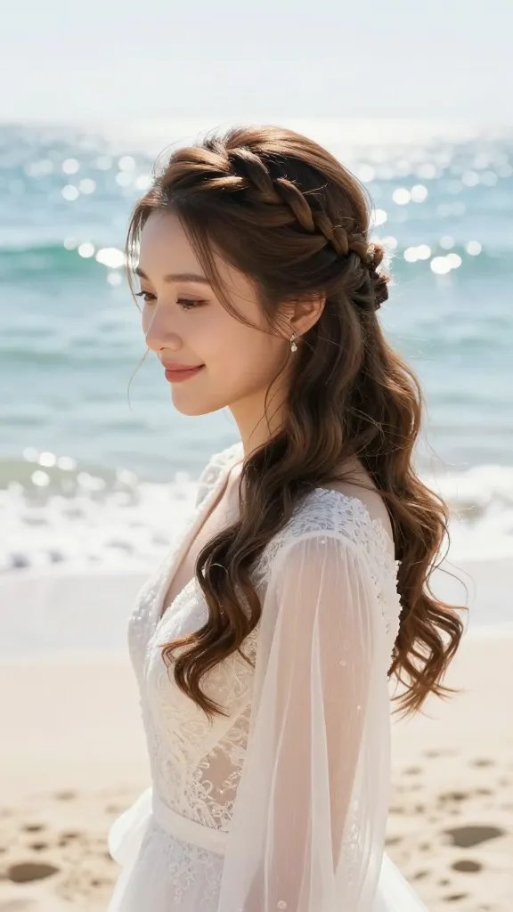 A high-resolution, ultra-realistic wedding portrait of a bride at a sunlit beach ceremony, showcasing a regal yet relaxed hairstyle: a soft, elegant crown braid wrapped around her crown, with delicate tendrils framing her face, subtle beachy waves cascading down, and a few loose wisps catching the warm sunlight. The bride wears a light, flowing lace wedding dress and small, natural jewelry; the background features sparkling ocean water, soft white sand, and a bright halo-like glare from the sun, emphasizing a fairy-tale yet modern look. The scene exudes movement as she smiles, with the braid securely in place for dancing in the surf light, realistic skin tones, natural makeup, and shallow depth of field to keep the focus on the hairstyle while preserving vibrant beach color. No text on the image.