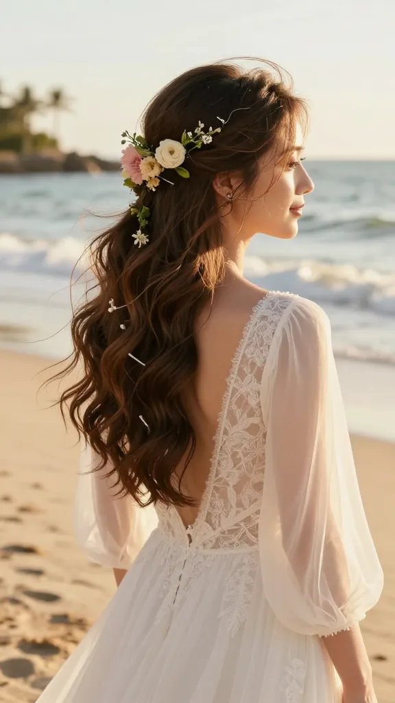 A high-resolution, natural-looking photograph of a bride on a sunlit beach, styled in a half-up, half-down hairstyle with small fresh florals woven into the secured upper section. The main subject is a radiant bride wearing a light, flowy, off-white wedding dress with delicate lace details. The lower half of her hair cascades in soft, beachy waves down to mid-back, while the upper half is gently gathered and pinned with clear bobby pins, showcasing subtle face-framing pieces. The fresh blooms are small, seasonal tones&mdash;gentle pinks, cream, and soft greens&mdash;placed sparingly to avoid a heavy bouquet feel, giving a garden-party vibe. The background features golden-hour sunlight, a serene shoreline with gentle waves, and a hint of distant palm silhouettes, with a light breeze creating a natural, effortless movement in the hair and dress. The overall mood is elegant, timeless, and romantic, capturing a realistic, studio-quality beach wedding moment.