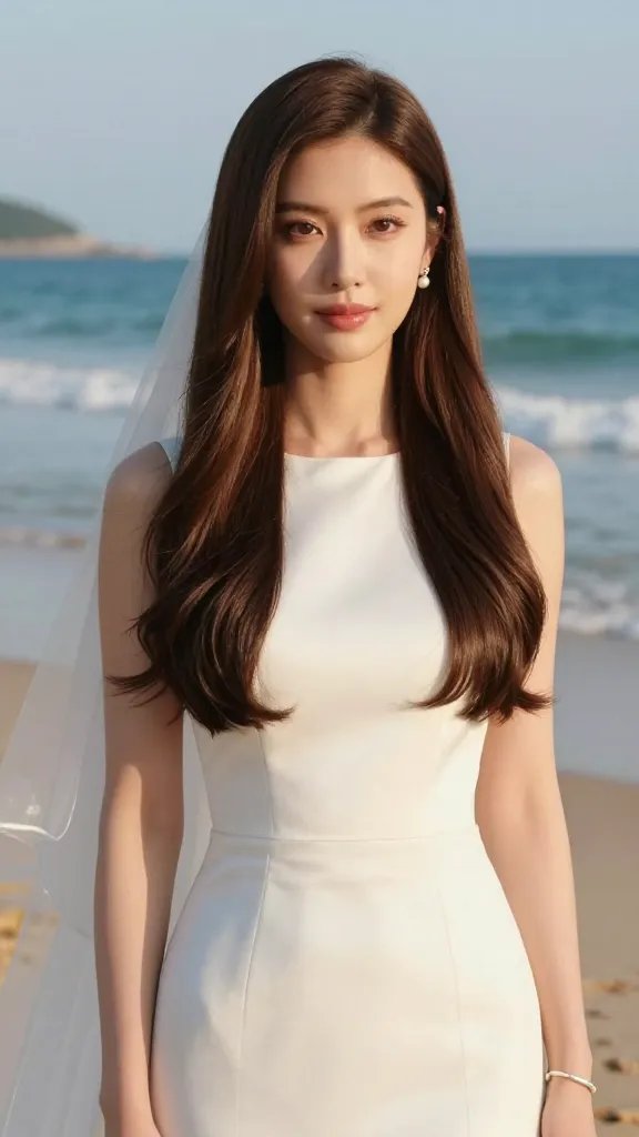 A realistic high-quality studio-style wedding portrait of a modern bride with sleek straight hair that transitions into a soft, natural wave at the ends, standing on a sunlit beach at golden hour. The hair is glossy and perfectly smooth at the crown, with a gentle, surfer-like wave that starts mid-length and tapers to tipy, effortless waves. The bride wears a minimal, elegant wedding dress with clean lines and subtle texture, not overly voluminous, and a simple, delicate veil that lies flat and barely touches the shoulders. Natural makeup with radiant skin, soft pink lips, and defined but understated eyes. The backdrop features calm turquoise waves, warm sand, and a clear sky; the light should reflect off the hair to emphasize shine and the wave texture. Accessories: small pearl stud earrings and a slim, modern bracelet. The overall mood is polished, chic, and relaxed, conveying a stylish beach wedding look that remains comfortable and photogenic all day. Use a shallow depth of field to keep the bride in sharp focus while softly blurring the beach scenery behind. No text on the image.