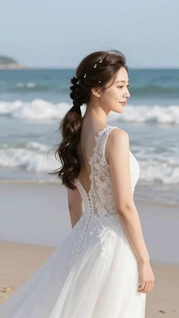 A realistic, high-quality photograph of a bride at a sunlit beach wedding standing near rolling waves, showcasing a Twist-Tucked Ponytail With Nautical Flair: a sleek high ponytail with elegant twisted sections at the crown, secured with small anchor-shaped pins, subtle beachy waves in the hair, soft coastal light, the bride wearing a chic, flowing wedding dress with lace detailing, a calm, joyful expression, natural makeup, and a gentle sea breeze lifting the skirt, the horizon and blue ocean blurred softly in the background to emphasize the intricate ponytail and nautical accents.