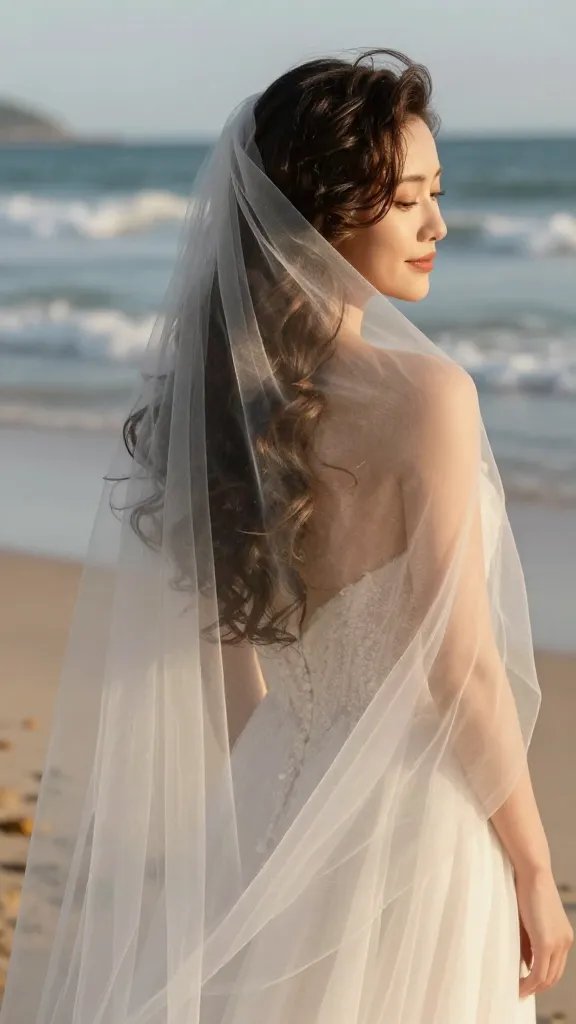 A close-up, high-quality photograph of a bride at a beach wedding, standing on soft sand with gentle ocean waves in the background, featuring romantic faux curls cascading in loose, defined waves and a delicate veil draped low over the back of her head, anchored by the veil creating a subtle dramatic silhouette as it catches a gentle sea breeze; the veil should be light and sheer, with the curls styled to look soft, touchable, and naturally glossy, while she wears a light, airy wedding gown with flowing fabric that moves slightly in the breeze; soft, natural makeup with a sunlit glow, warm tones, and a serene, radiant expression, under golden-hour lighting that enhances the textures of hair and veil without any text or watermark on the image.
