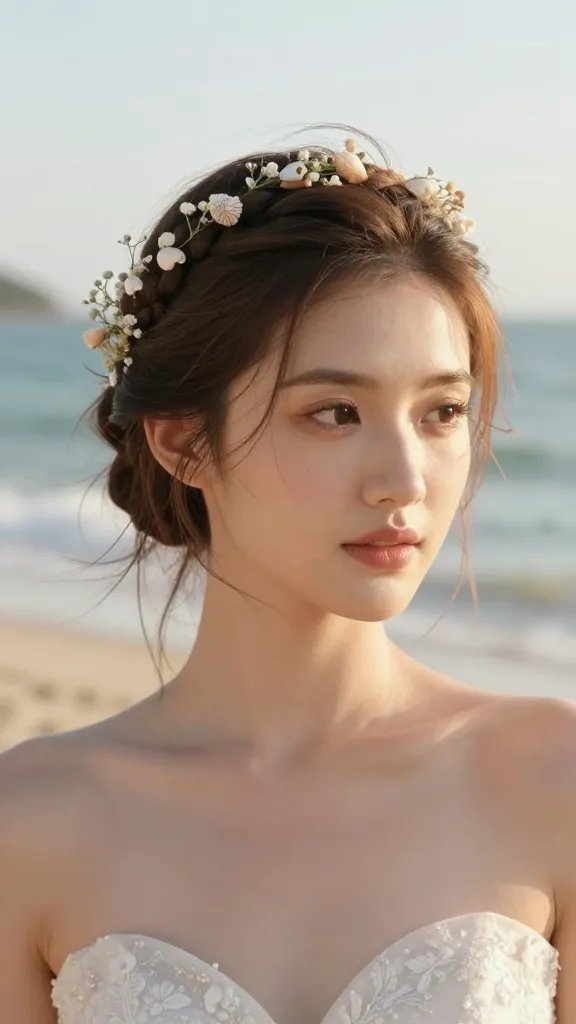 Create a hyper-realistic, high-resolution photo of a bride at a sunlit beach wedding wearing a braided halo hairstyle. The halo braid should sit lightly around the crown with loose, beachy strands that frame her Face and give a soft, windswept texture. Include subtle, tiny accents of baby's breath and a few delicate, tiny shells woven sparingly into the braid to enhance a coastal mood without overpowering the look. The scene should capture bright, open facial features, natural makeup, and a serene, wind-swept seascape in the background with soft golden hour lighting. The overall style must feel timeless, elegant, and effortlessly radiant, with clear focus on the hairstyle and the bride. No text included in the image.