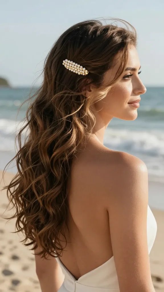 A close-up, high-resolution photo of a bride at a sunlit beach wedding, standing a few steps from the shoreline with soft waves in the background. She wears flowing, loose side-swept waves that cascade over one shoulder, styled to look natural yet polished, with a single bold decorative clip on the side&mdash;either brushed gold with subtle shine or a pearl-clad piece catching the sunlight. The clip should be clearly visible, reflecting light to create a focal point. The hairstyle should balance a strapless or low-back dress, with the clip adding elegant glamour. The overall scene is radiant and timeless, with warm, natural sunlight, a soft breeze gently moving her hair, and a serene beach setting that emphasizes a chic, effortless wedding aesthetic. Ensure realistic textures: luminous hair with gentle waves, metallic or pearl clip details, sunlit skin with natural makeup, and a subtle, elegant dress silhouette hinting at a strapless neckline. No text on the image.