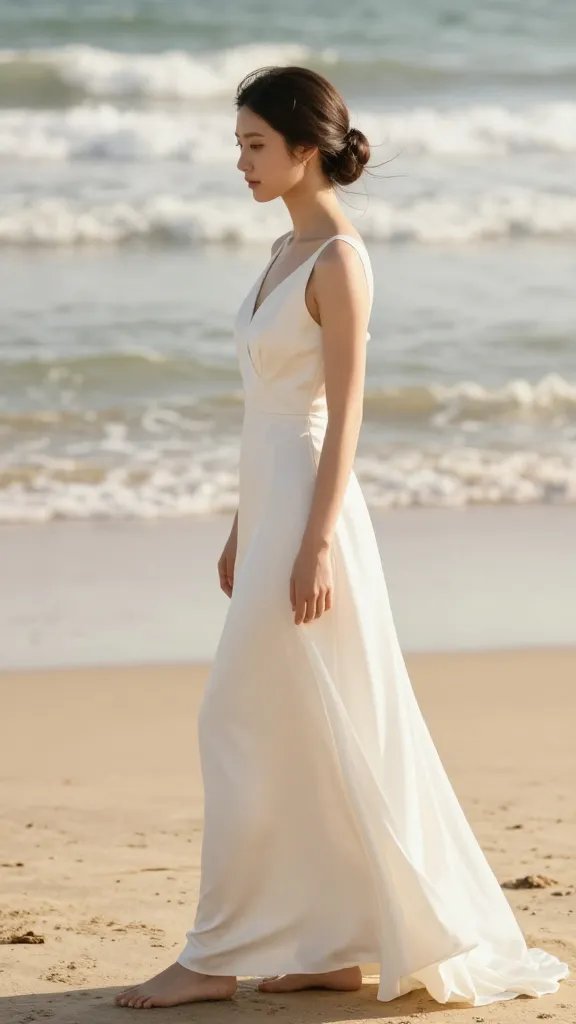 A high-resolution, natural-looking photograph of a bride on a sunlit beach, wearing an elegant classic updo with soft tendrils tucked neatly around the temples. The updo should have sleek lines, neatly pinned sections, and a few delicate tendrils curling gently at the temples for a romantic, effortless look. The bride stands barefoot in soft sand with gentle waves in the background, wearing a flowing wedding dress with a simple, timeless silhouette. The lighting is warm and golden, capturing a candid, magazine-quality moment with the wind lightly tousling the dress and hair, conveying timeless sophistication and relaxed beach ambience. No text or logos on the image.