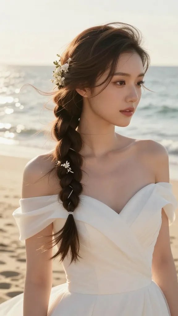 A realistic, high-quality beach wedding portrait of a bride with a soft, ethereal waterfall braid cascading along the side of her head, hair woven in and out to create a delicate, dreamlike effect that moves with a gentle coastal breeze; the braid is neatly secured with clear elastics and subtle, light hairspray to maintain structure without shine or stiffness, with natural sunlit seaside scenery in the background&mdash;golden hour light, softly glinting water, white sandy shore, and delicate floral hair accessories woven into the braid; the subject is the main focus, featuring a romantic, elegant wedding gown with off-the-shoulder neckline, serene expression, and minimal makeup to complement the beachy, timeless aesthetic.