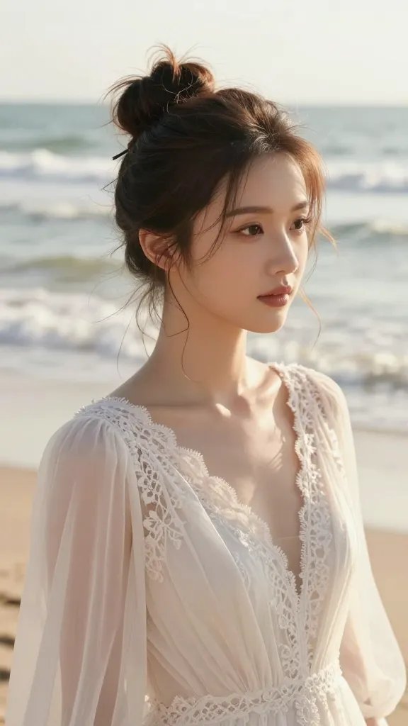 A realistic, high-quality photo of a bride on a sunlit beach, wearing a lightweight, flowy wedding dress with delicate lace detailing. Her hair is styled in a romantic messy bun placed slightly off-center, with a subtle center part at the front and loose, wispy strands framing her face. The crown area should have gentle teased volume, giving a carefree, modern-romance vibe. A fabric-covered pin secures the bun, ensuring a soft, comfortable finish. The bride gazes softly toward the horizon as warm sunlight reflects off gentle waves in the background, with minimal, natural makeup and subtle floral or beachy accessories to enhance the effortless elegance. No text on the image.