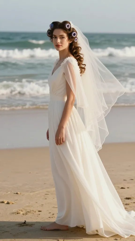 A realistic, high-quality photo of a bride on a sunlit beach wearing a vintage roller set with soft curls. The hairstyle features smooth, structured curls formed by retro rollers, cascading softly around the shoulders and blending into a long, elegant veil that flows gracefully behind her. She stands barefoot on warm sand with gentle ocean waves in the background, a light coastal breeze curling the ends slightly without disrupting the set. Her makeup is timeless and fresh, with a subtle glossy lip and soft cinematic lighting highlighting shine and texture in the curls. She wears a delicate, ethereal wedding gown with a cape train that catches the light as it trails behind her. The scene conveys timeless glamour, buoyant with salt-air movement, and the overall mood is romantic, nostalgic, and chic.