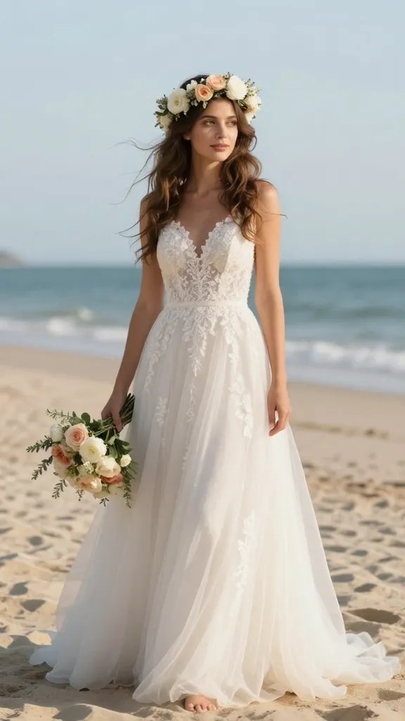 A radiant bride on a sunlit beach stands in soft, natural light, wearing a flowing A-line wedding dress with delicate lace detailing. She features a delicate floral halo crown made of white and blush-peach blooms, interwoven with tiny green leaves, resting gently on her loose, beachy waves that cascade to her shoulders. The wind adds a light, airy motion to her hair and the bouquet of blooms in soft focus beside her, while the horizon shows a calm sea and pale blue sky. The scene exudes a timeless, romantic, goddess-like vibe with warm, natural colors, subtle sun-kissed skin, and a serene, confident expression as she poses barefoot on fine sand. No text, ultra-realistic high-resolution photograph, 8K quality, shallow depth of field with the bride sharply in focus and a dreamy bokeh background.