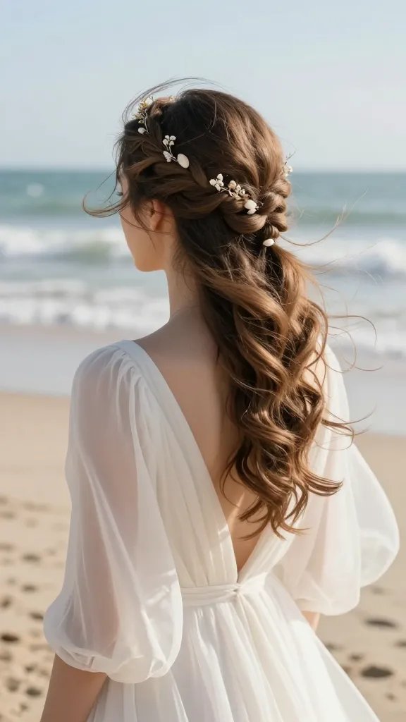 Create a high-resolution, photorealistic image of a bride on a sunlit beach, showcasing a braided crown hairstyle as described. The main subject should be the bride with a romantic, boho vibe, hair styled into two small cornrow braids that are joined at the crown, with soft curls left loose at the nape. The scene includes delicate floral pins and a tiny shell accent in the hair. The bride&rsquo;s look is natural and radiant, with minimal makeup, wearing a flowing, breezy wedding dress with sleeves that flutter in a coastal breeze. Soft sea mist should lightly haze the air, enhancing the wind-swept, ethereal mood. The background features a sandy shore, gentle waves, and a clear, bright sky. The overall composition emphasizes the hairstyle as the focal point, while maintaining a timeless, spontaneous feel as if the breeze knows the bride&rsquo;s name. No text on the image.