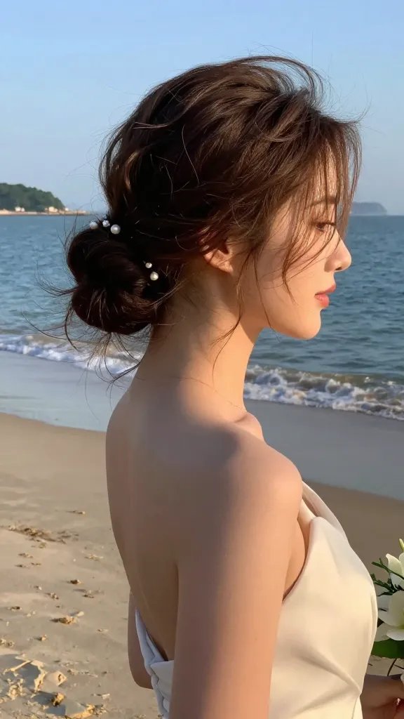 A realistic, high-quality wedding portrait of a bride with a messy low bun, styled with beachy texture for a coastal glam look. The scene is outdoors on a sunlit beach at golden hour, with soft sea breeze tousling the hair. The hair is pulled into a loose, low pony then twisted into a relaxed bun, with ends tucked and a few discreet pins, finished with light, natural texture and subtle flyaways framing the face. A delicate pearl clip adds a touch of shimmer. The bride wears a simple, elegant wedding dress and a lightweight bouquet is attached to her wrist for photos. The background shows calm ocean, distant shoreline, and a clear sky, with a shallow depth of field that keeps the focus on the bride&rsquo;s hairstyle and serene, modern coastal vibe. No text visible in the image.