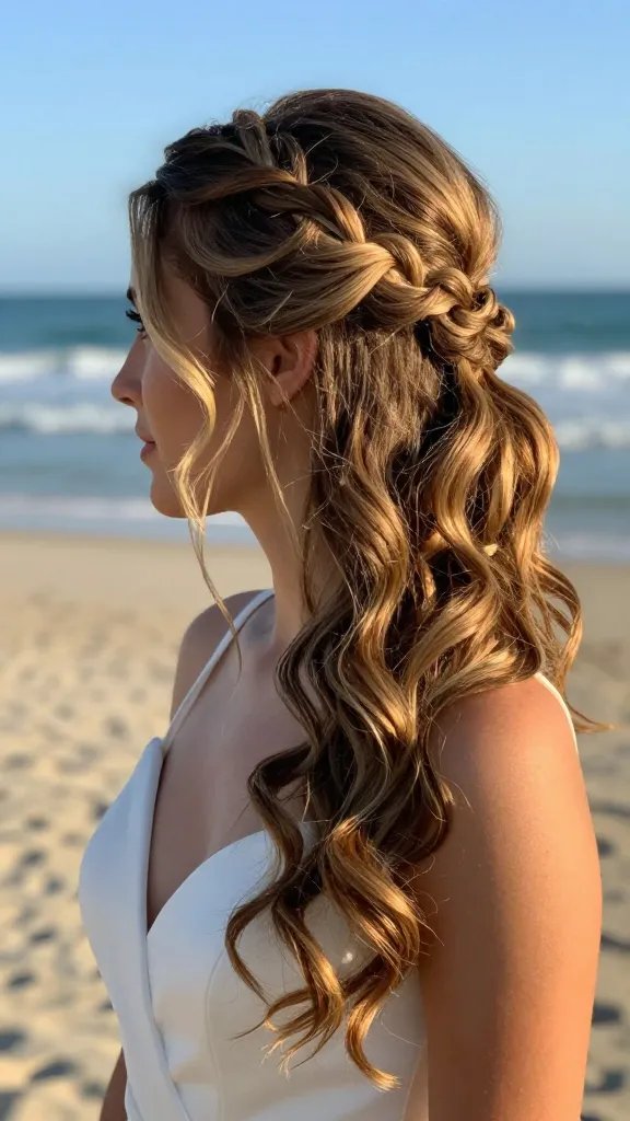 A close-up, ultra-realistic photo of a bride on a sunlit beach, showcasing a Classic Half-Up Half-Down with a Twist hairstyle. The top portion is gathered into a soft half-up braid twist along the crown, seamlessly blending into flowing, loose waves that cascade over one shoulder. Delicate tendrils frame the face, with small discreet twists pinned subtly at the back, creating a polished yet relaxed look. The hair has natural beachy texture with sun-kissed highlights and subtle sea-salt spray sheen, giving extra definition to the waves and braid. The bride wears minimal, elegant wedding makeup and a simple, timeless wedding gown. The background features a sandy shore, gentle waves, and a clear blue sky, with warm, golden-hour lighting to enhance the texture and dimension of the hairstyle. No text on the image.