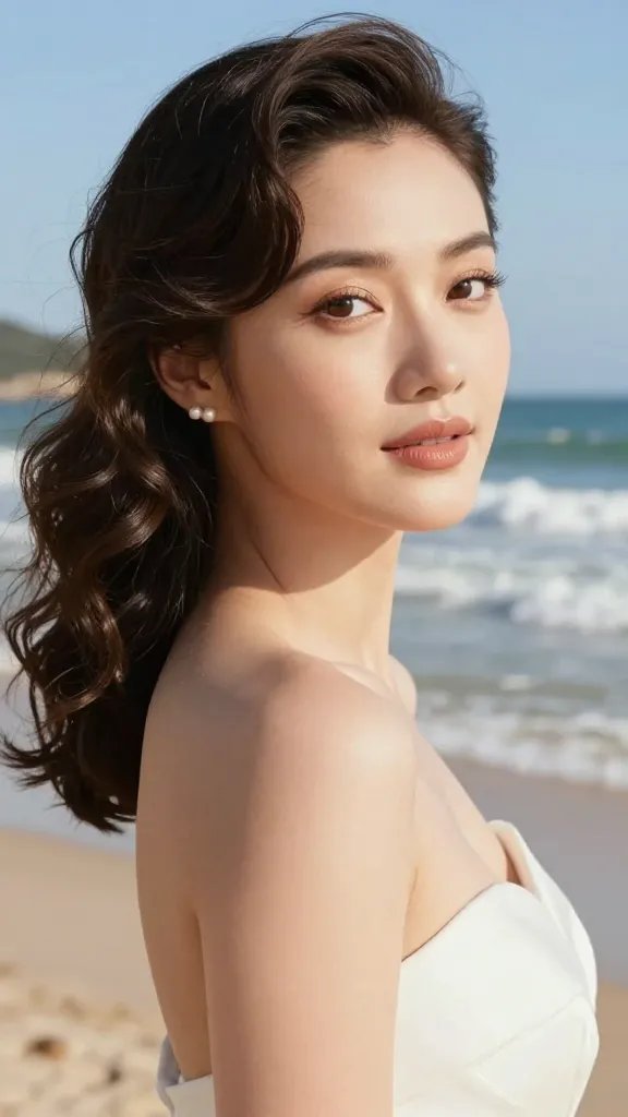 A high-resolution, cinematic bridal portrait in a sunlit beach setting, featuring a radiant bride with a classic old Hollywood glamour look. Side-swept waves cascade softly over her shoulder, with a single row of tiny pearls tucked behind the ear. The makeup is light and natural, with a coastal glow&mdash;soft shimmer on the eyelids, warm, sun-kissed skin, and a delicate, nude lip. The backdrop is a bright, airy beach scene with gentle waves and a clear blue sky; the dress neckline remains unobstructed by hair. The lighting is warm and flattering, capturing the glossy texture of the waves and the subtle pearl accents, while a very light finishing spray hints at a breeze without creating flyaways. The image should be a realistic, high-quality photograph featuring the bride as the main subject, with no text or overlays.