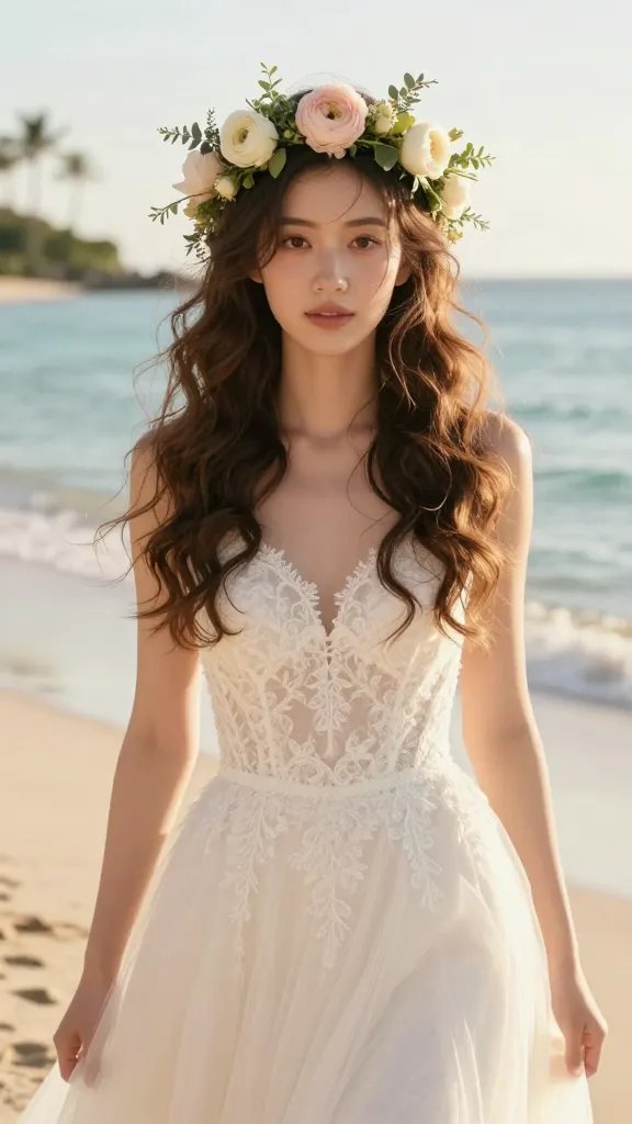 A high-resolution, realistic portrait of a bride on a sunlit beach during golden hour, wearing a flowing ivory wedding gown with soft lace detailing and a fitted bodice. The focus is on her head and shoulders, showcasing a delicate floral halo made of coordinated blooms&mdash;soft blush peonies, white garden roses, and tiny ivory ranunculus&mdash;interwoven with airy greenery like eucalyptus and ivy. The halo sits lightly on her head, framing a cascade of loose curls that fall naturally around her shoulders and a few gentle front-facing strands softly brushed away from her face. The bride&rsquo;s makeup is natural and radiant, with a subtle glow on her cheekbones and a gentle pink lip, and her expression is serene and confident as she walks barefoot along the shoreline. The background features a softly blurred beachscape with turquoise water, pale sand, and a few distant palm silhouettes, enhancing the romantic, whimsical vibe without overpowering the subject. Lighting is warm and flattering, with gentle lens flare from the sun, ensuring that the floral halo and curls appear camera-ready and life-like. No text on the image.