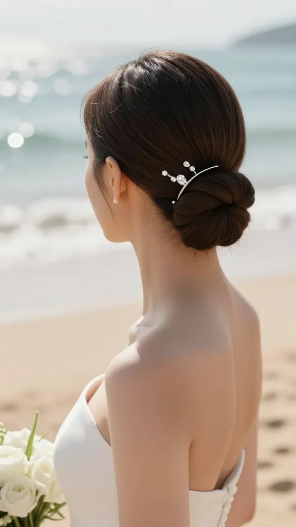 A high-resolution, hyper-realistic photo of a bride on a sunlit beach, wearing a sleek, minimalist updo: a tight, polished bun at the crown with 2-3 crystal hairpins arranged in a stair-step pattern, catching subtle glints of sunlight. The scene shows a soft, warm coastal backdrop with shimmering water in the distance and gentle waves. The bride&rsquo;s neckline is visible, highlighting a clean, elegant gown with simple lines, complemented by a bright bouquet for contrast. A light, almost imperceptible mist in the air suggests a light sea breeze, and the overall mood is sophisticated and modern, with the focus clearly on the chic, crystal-accented bun and the bride&rsquo;s graceful silhouette. No text.