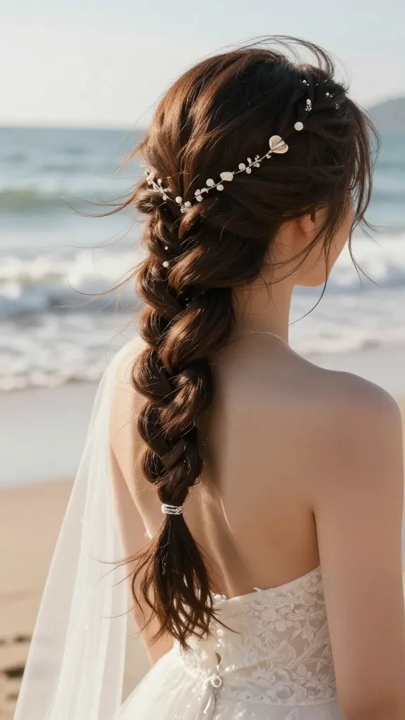 A close-up, hyper-realistic photo of a bride on a sunlit beach, featuring a romantic waterfall braid with free-falling strands. The hair is styled from a standard French braid but with one strand dropped to create the cascading waterfall effect, captured in soft morning light as gentle waves roll onto shore. The bride&rsquo;s hair includes delicate charms and tiny shells woven into the braid, adding a subtle, beachy sparkle. The braid flows naturally with loose, flowing strands framing the face and falling over the shoulder, while the rest of the hair remains softly tousled and slightly windswept. The bride wears a light, airy veil or a simple, elegant wedding dress with minimal embellishment to emphasize the hairstyle. The scene conveys movement and breathes with the shoreline breeze, the water in the background softly glistening, and a natural, airy color palette of warm sand tones, pale blues, and sunlit highlights. The shot is framed to highlight the braid from the side and slightly behind the bride, with a shallow depth of field to keep the hairstyle in sharp focus while gently blurring the beach landscape and ocean beyond. No text on image.