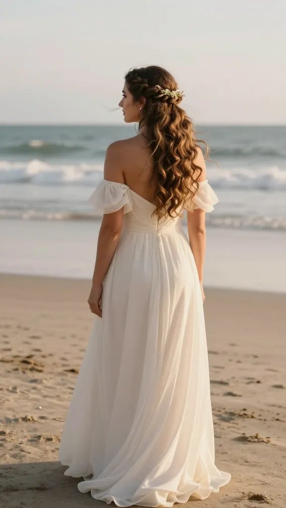 Create a high-resolution, realistic photo of a bride on a sunlit beach with a calm, pastel-colored sky and gentle waves in the background. The main subject is the bride wearing a flowing, off-the-shoulder wedding gown in a soft ivory tone, standing barefoot on the sand. Her hair is styled in a boho half crown with twisted tendrils: twisted front sections anchored at the back, loose curls creating a relaxed finish, and a few small, delicate flowers tucked along one twist. The overall look is carefree, romantic, and effortlessly elegant, with subtle flyaways smoothed yet allowed to shimmer in natural light. Include a light, flexible-hold hairspray haze to suggest reconfigurability during the reception, while maintaining a natural texture. The scene should feel candid and lived-in, with natural sea breeze movement in the hair and gentle sunlight highlighting the braid twists and soft curls. No text or watermarks on the image.
