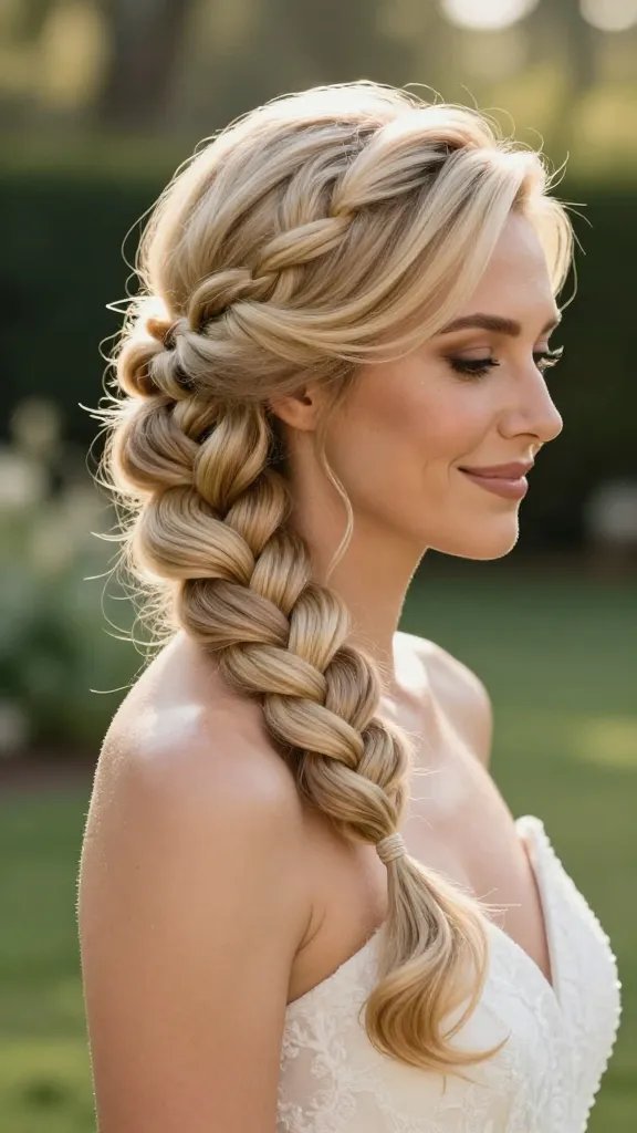 Create a high-resolution, gravity-defying close-up photo of a bride on her wedding day wearing a soft, ethereal fishtail braid with a gentle, voluminous bump at the crown. The bride should be facing slightly to the side to showcase dramatic side parting and the intricate fishtail braid, which is widened at the edges for fullness. The look is elegant and practical for a long-wedding day, so capture a natural, radiant smile and a subtle, dewy makeup flawless under soft natural light. The hairstyle should appear secure yet delicate, with a clear-elastic end and minimal frizz, maintained by a light-hold spray. The background should be softly blurred (bokeh) in a sunlit outdoor venue&mdash;lush greenery and warm golden hour tones&mdash;to emphasize the bridal silhouette. Ensure the main subject is the bride from the article title, with the focus sharply on the fishtail braid and soft bump, and exclude any text on the image.
