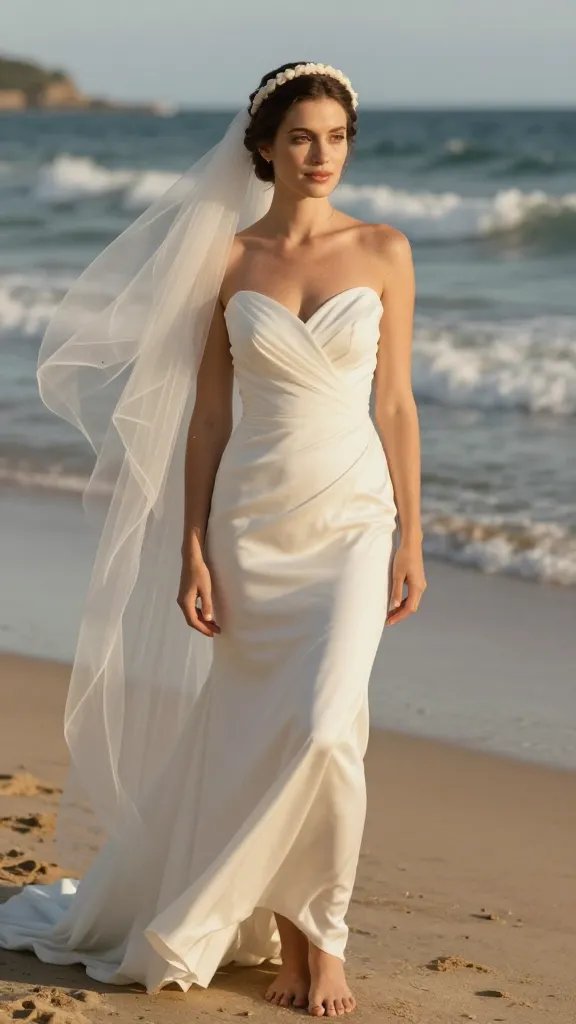 A high-resolution, cinematic portrait of a bride on a sunlit coastal beach, wearing a crown braid wrapped around the head with a delicate veil attached at the back of the crown, veil flowing softly in a light sea breeze. The bride's hair remains neatly in place, with soft tendrils framing her face, and the veil attached behind the crown to avoid forward pull. The scene captures a timeless, classic wedding aesthetic merged with coastal ease: the bride stands barefoot on warm sand with gentle waves in the background, a faint salt-kissed glow on her skin, and a serene, confident expression. The lighting is warm golden hour, with natural skin tones, intricate braid details visible, and a shallow depth of field that softly blurs the background while keeping the bride crisp and center-focused. No text or logos on the image.