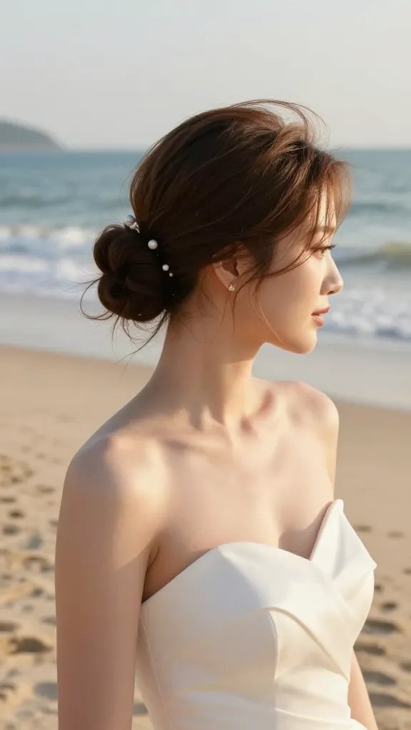 A high-resolution, portrait-style photograph of a bride on a sunlit beach, wearing a strapless or off-shoulder wedding gown to showcase the neckline, with a polished but slightly loose top knot bun secured to withstand a sea breeze. The top knot should have textured, gently tousled strands around the crown for a relaxed, beachy vibe. Adorn the knot with a small, delicate pearl pin or a tiny shell hairpin to add coastal flair. The background features soft, golden-hour sand and calm ocean waves meeting the horizon, with warm sunlight casting gentle shadows. The bride&rsquo;s makeup is natural and radiant, her jewelry minimal, and the overall mood is minimalist yet high-fashion, capturing a chic, secure hairstyle perfect for a beach wedding. No text on the image.