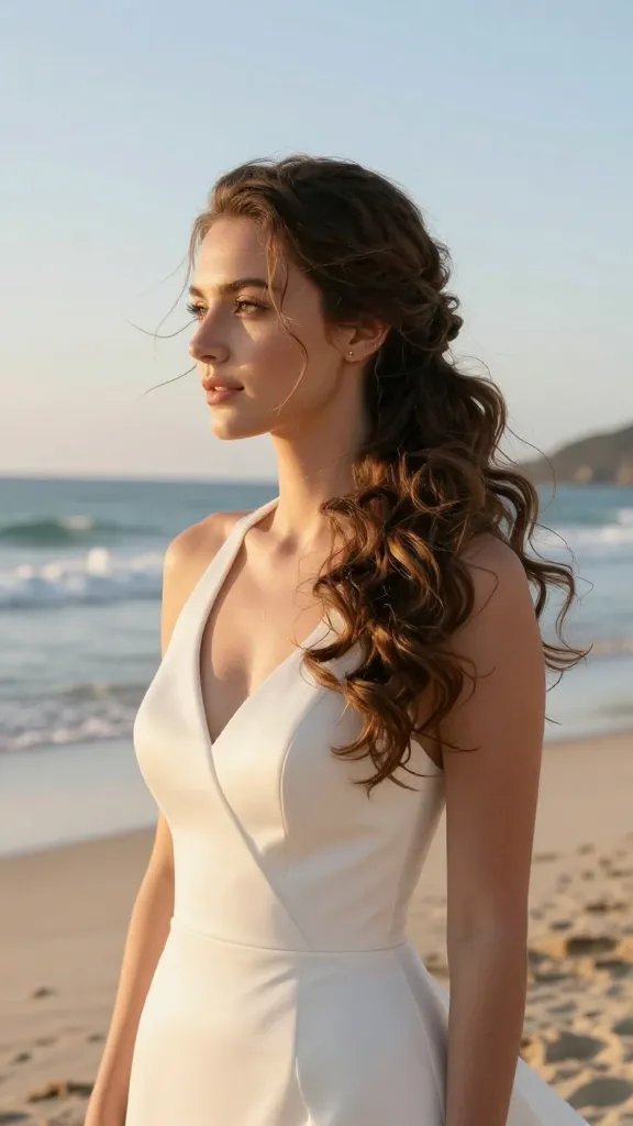 A high-resolution, realism photography shot of a bride standing on a sun-kissed beach at golden hour, wearing a soft, elegant wedding dress with a halter neck or sweetheart neckline. Her hair is styled in a soft side pony gathered to one side, with cascading, voluminous curls flowing over one shoulder and down the upper arm, catching the warm beach light. A few delicate baby hairs are tucked behind one ear for a clean finish, and subtle sea breeze causes gentle movement in the curls. The background shows pale sand, gentle waves, and a clear, expansive sky with a hint of blue and peach tones. The overall mood is romantic and effortless, with natural makeup, a serene expression, and a relaxed, bridal pose that emphasizes the hair styling as the focal point. No text on the image.