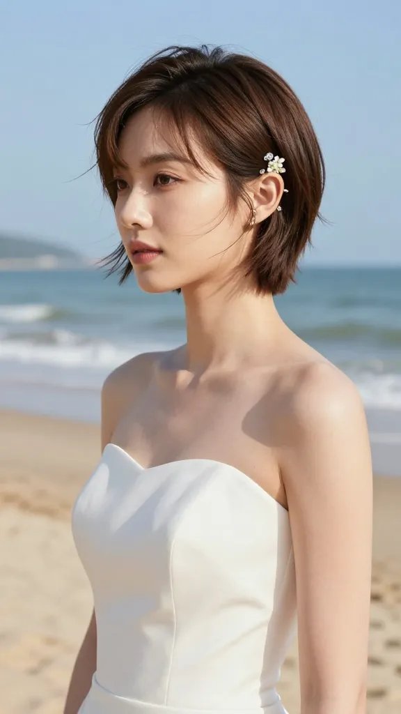 A high-resolution, candid-style portrait of a modern bride with short, twiggy hair on a sunlit beach, wearing a chic, minimalist wedding dress with clean lines. The hairstyle is flat-ironed and smooth, with a subtle side part, accented by a small floral cluster tucked behind the ear and crystal bobby pins for a hint of sparkle. Soft, natural makeup and a radiant, sunlit glow on the skin. The background features golden sand, gentle waves, and a clear blue sky. The overall mood is confident, elegant, and beachy, with light, airy textures and an emphasis on the stylish short hairstyle as the focal point. No text or branding.