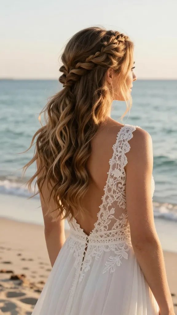 A realistic, high-quality photo of a bride on a sunlit beach, seen from mid-back at a slight angle to showcase her half-up boho braided vista. The bride has soft, natural waves cascading down her back, with two small braids pinned at the crown, incorporated into a loose, romantic half-up hairstyle. The scene includes gentle seaside elements in the background&mdash;golden hour sky, calm turquoise water, and pale sandy shore. The bride wears a flowing, lace-trimmed wedding dress with delicate, airy fabric and subtle bohemian details. A light, soft-hold spray sheen is visible on the braids to keep them in place without stiffness, giving a flexible yet defined texture. The overall mood is festival-meets-coastal romance: camera-friendly, gracefully ethereal, with warm sunlight illuminating her hair and dress, and no text or UI elements in the image.