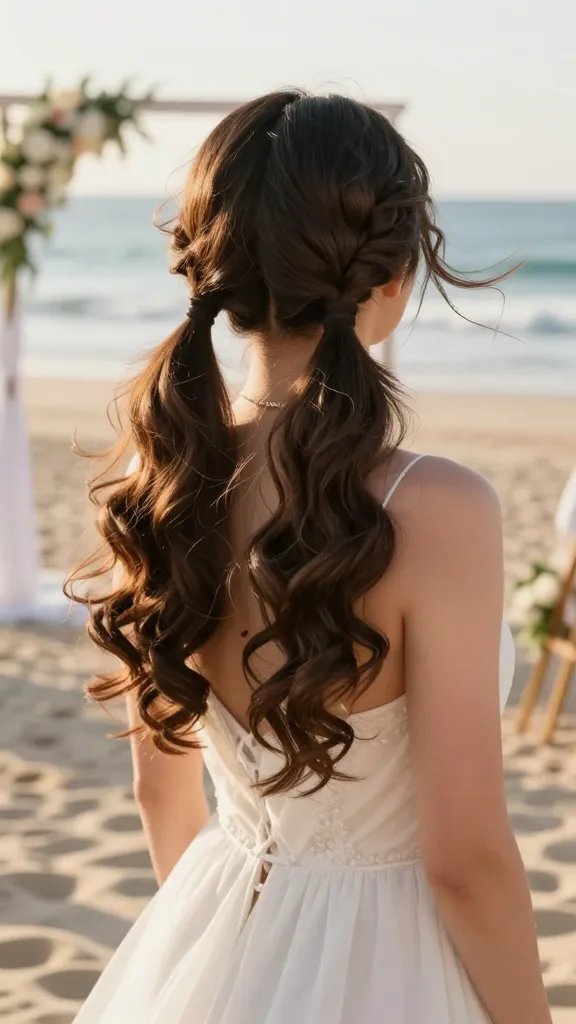 Create a high-resolution, hyper-realistic bridal portrait of a bride on a sunlit beach, showcasing her wearing double ponytails wrapped with curls. The hair should be split into two even sections, with small sections wrapped around the bases of each ponytail and face-framing strands left free, conveying movement as if a gentle ocean breeze is tousling her hair. The scene should feel playful yet polished with natural beach lighting, soft golden hour tones, and a breezy sundress in light fabric. The barefoot ceremony setting should be visible in the background with sand, gentle waves, and a minimalist coastal arch or floral decor. The bride should have a radiant, natural makeup look, subtle jewelry, and a relaxed, joyful expression, with the overall composition focusing on the hairstyle as the centerpiece. No text on the image.