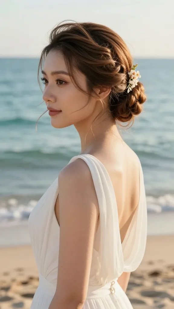 A high-resolution, realistic wedding portrait of a bride featuring a Dutched French Twist with a coastal twist: a loose, nautical-inspired updo with soft height at the crown, low neckline/back visible, subtle romantic eye makeup, natural glow, and a gentle sea breeze rendering wisps of hair. The hairstyle should include a few delicate floral pins echoing the bouquet, with ends straightened or softly curled to align with the dress lines. The setting is a sunlit beach at golden hour, with calm turquoise water in the background, light sandy shore, and a flowy chiffon wedding dress that complements the updo. Ensure the bride&rsquo;s expression is serene and elegant, capturing timeless coastal sophistication for formal photos and long celebrations. No text on the image.
