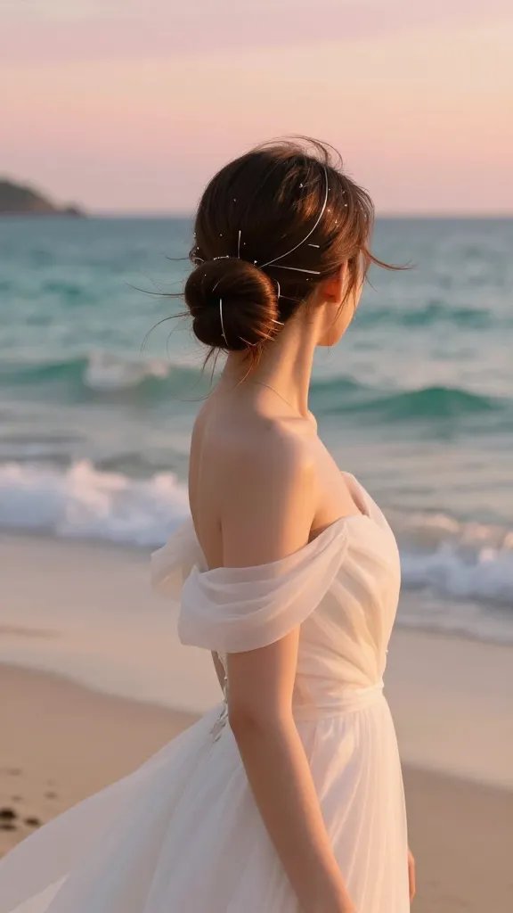 A radiant bride on a sunlit beach at golden hour, standing near gentle waves with warm, pinkish-orange skies. She wears a flowing, light, off-the-shoulder wedding dress that moves softly with a coastal breeze. Her hair is styled in a sculptural beach glow bun at the nape, with a delicate, slim ring detail that traces along the bun seam and catches the sunlight as she moves. The rings are thin and nearly invisible, secured with clear pins to disappear into the hairstyle, giving a subtle sparkle like tiny stars. The overall look is natural yet refined, with soft tendrils loose around the face and neck. The scene conveys a serene, romantic beach vibe, high-resolution, ultra-realistic photography with shallow depth of field to gently blur the turquoise ocean and soft sand in the background, focus sharply on the bride and the luminous ring-detailed bun. No text in the image.