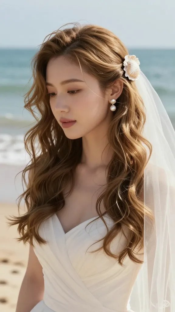 A high-resolution, photorealistic bridal portrait of a soft-glam bride on a sunlit beach, mid-length golden light catching in glossy, loose glassy waves that frame her face and cascade over the shoulders. The waves have a natural, polished sheen with subtle sun-kissed highlights, creating a beachy yet refined look. A delicate shell accent is tucked into one side of her hair just behind the ear, coordinating with the bride&rsquo;s jewelry (matching pearl/sea-toned earrings) for a cohesive coastal vibe. The bride wears a whisper-soft, ivory wedding gown with a sweetheart neckline and flowing veil lightly billowing in a gentle breeze. The background features pale blue sea and pale sandy shore, with shallow depth of field keeping the focus on the bridal hairstyle and shell detail. The overall mood is romantic and airy, with natural lighting, realistic skin tones, and crisp texture on hair and shells, no text on the image.