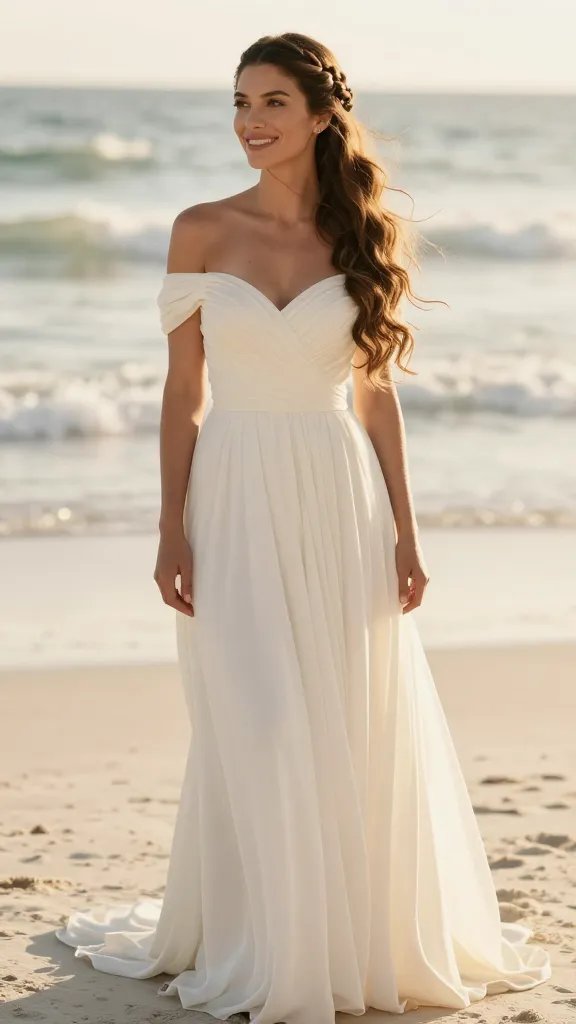 A high-resolution, cinematic bridal portrait featuring a smiling bride at a sunlit beach, standing barefoot in soft white sand with gentle waves in the background. She has half-up hair with a delicate braided twist, the rest of her long, loose waves cascading down her back. The braid adds subtle texture and keeps the look secure, while the waves are glossy and romantic, with sea breeze softly lifting a few strands. The bride wears a flowing, light, ivory gown with off-the-shoulder or sweetheart neckline, minimal jewelry, and natural makeup that highlights a radiant, glowing complexion. Warm, golden-hour lighting bathes the scene, creating a dreamy, intimate atmosphere with soft shadows and a shallow depth of field that keeps the focus on her hairstyle and radiant expression. No text or branding in the image.