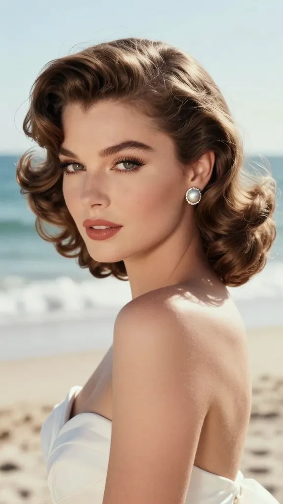 A high-resolution, photorealistic bridal portrait of a main subject with classic old Hollywood glamour meets coastal vibes, standing or seated to showcase a dramatic deep side part with soft, vintage waves swept across the head and rolled to one shoulder. The hairstyle features voluminous roots for lift, enhanced by subtle sea-salt texture and a polished finish. The subject wears a single bold statement earring that draws the eye and balances the silhouette, with a soft, sunlit beach backdrop and gentle ocean breeze ruffling a few loose strands. The makeup is timeless with luminous skin and defined eyes, capturing a dreamy, glamorous bridal look suitable for a beach wedding. No text visible in the image.