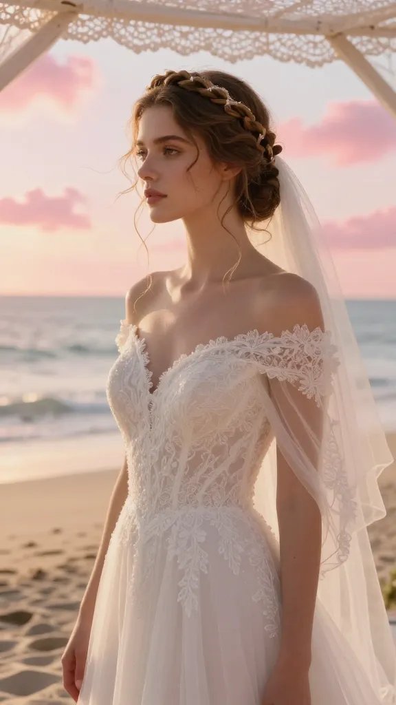 A radiant bride stands on a sunlit beach, the horizon glowing in warm golden tones as pastel pink and coral clouds drift above. She wears a flowing, off-the-shoulder wedding dress with delicate lace details and subtle sparkle. A regal braided crown sits atop her head, softly framing her face, with loose beachy curls cascading down and peeking through the crown for a fairy-tale vibe. The crown braid is intricate yet effortless, secured with tiny, nearly invisible clear elastics, and a light-hold finishing spray keeps the style in place without stiffness. The scene is outdoors under a lace canopy, with gentle sea breeze lifting her hair and veil. The overall mood is dreamy, romantic, and regal without being fussy, captured in a high-resolution, photorealistic style with natural skin tones, soft focus on the background, and subtle golden hour lighting. No text on the image.