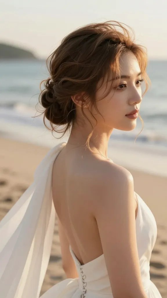 A high-resolution, ultra-realistic wedding portrait of a bride showcasing a messy low bun with a wave perimeter. The waves softly wrap around and frame a loose, slightly voluminous bun at the nape, with delicate beachy texture and glossy, natural hair sheen. The crown area has light texturizing paste applied to create gentle hold and definition without stiffness, giving a relaxed, tactile grip. The backdrop is a sunlit beach at golden hour, with warm tones and a shallow depth of field that softly blurs the shoreline. The bride wears a low-back wedding dress with a dramatic, flowing train that trails behind her, catching a hint of sea breeze. Her makeup is soft and luminous, and she gazes slightly over her shoulder with a serene, romantic expression. Ensure the hairstyle is the focal point, with subtle waves extending from the crown to the perimeter, and the overall look conveys chic, effortless elegance perfect for a dreamy coastal wedding. No text on the image.