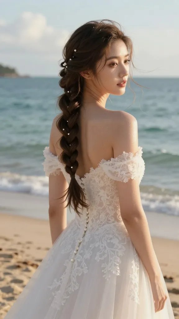 Create a high-resolution, photorealistic portrait of a bride with a flawless, dewy complexion standing on a sunlit beach at golden hour. She wears a delicate, off-the-shoulder wedding gown with subtle lace details and a soft A-line silhouette. Her hair features a two-strand waterfall braid woven into gentle mermaid waves, with loose ends cascading and a few light, natural waves framing her face. The braid should be the focal point, showcasing movement and texture suitable for light humidity, while the rest of the hair maintains a chic, semi-updo appearance. The background captures a serene shoreline with pale blue-green sea, warm sandy tones, and distant soft clouds. Accessories are minimal: tiny pearl pins discreetly placed along the braid. The overall mood is dreamy, romantic, and effortlessly elegant, with natural lighting enhancing the water-like sheen on the hair and a gentle breeze adding subtle motion to strands. No text anywhere in the image.